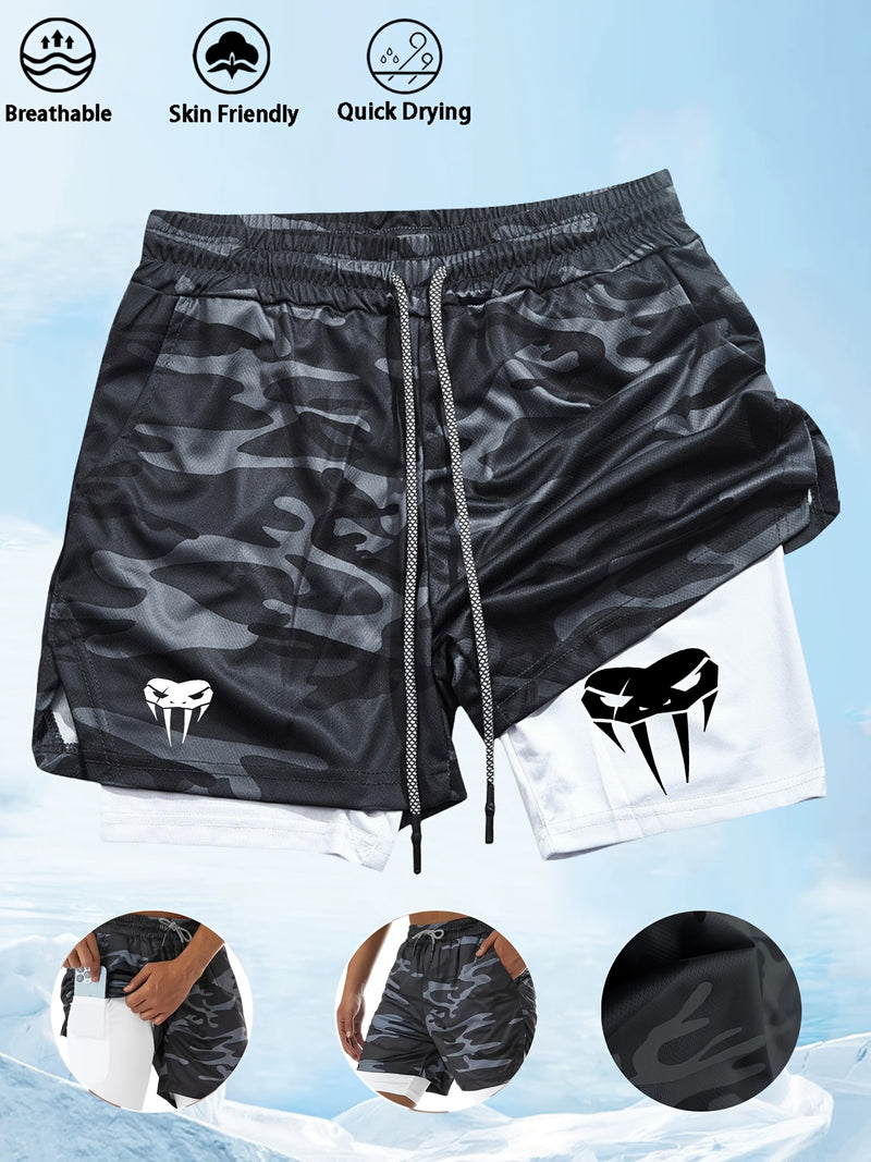 Men's 2-Layer Breathable Fitness Shorts - Quick Dry, Skin-Friendly, Drawstring Waist, Summer Sports Workout Shorts with Skull Print Pocket, Comfortable for Running and Gym, Gym Shorts | Shorts with