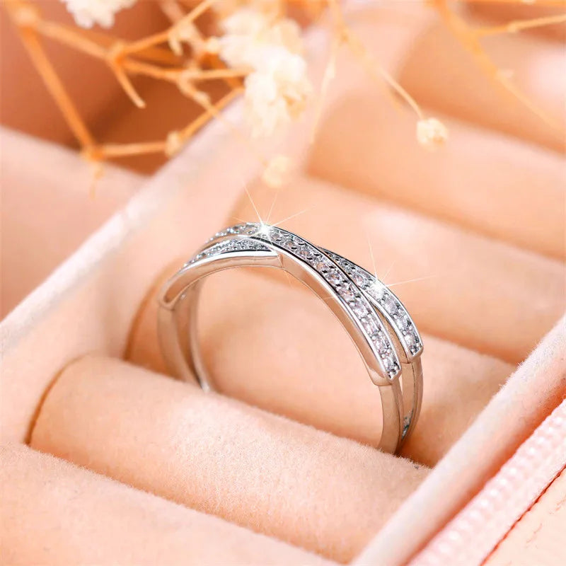 Cute Female Small White Zircon Stone Ring Silver Color Cross Engagement Charm Wedding Jewelry For Women