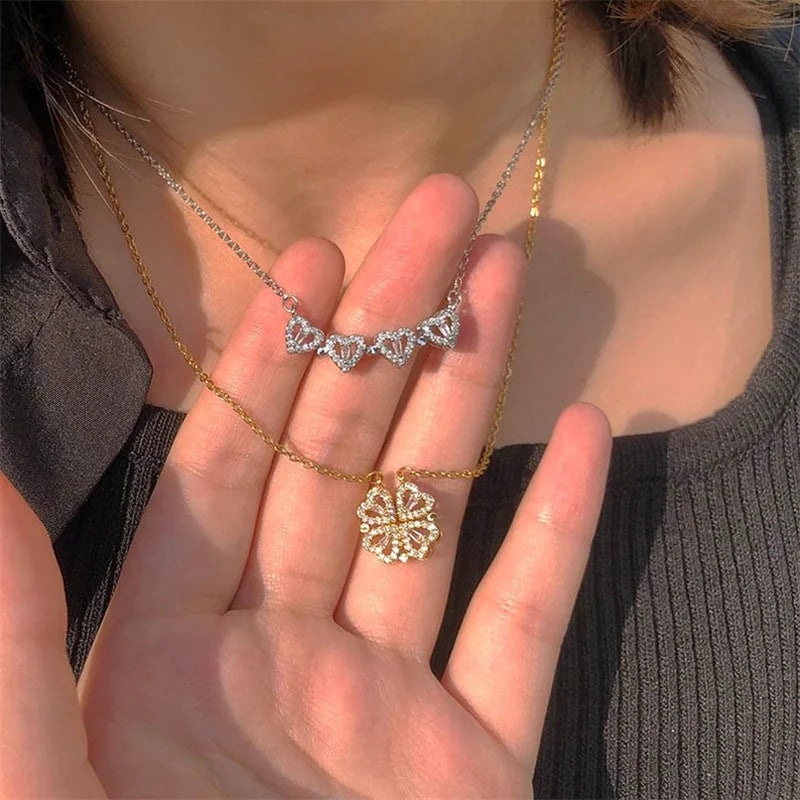 Four Leaf Clover Necklace Dainty Magnetic Heart Necklace for Her with  Rose Box for Mother's Day Gift conjuntos de joyas