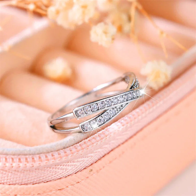 Cute Female Small White Zircon Stone Ring Silver Color Cross Engagement Charm Wedding Jewelry For Women